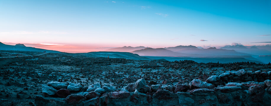 Gorgeous sunrise panorama of the Peruvian Andes near Arequipa with volcanoes in the background