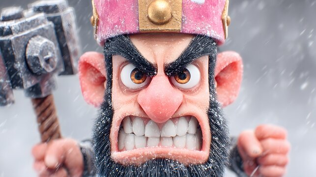 An angry dwarf with a big hammer wearing a crown in a snowy environment
