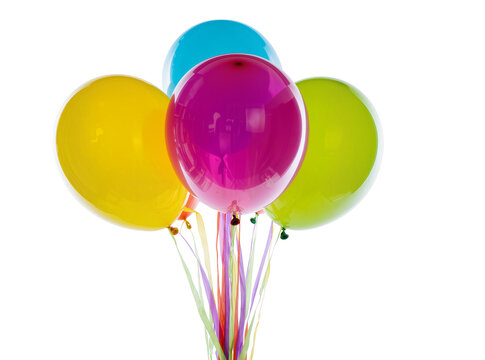 Isolated vibrant glossy party balloons in multiple colors with flowing ribbons for festivities