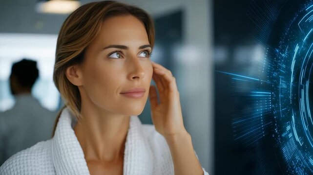 A young woman in a spa robe interacts with a glowing virtual display, symbolizing the fusion of beauty, self care, and advanced technology. The scene radiates calm, innovation, and modern lifestyle