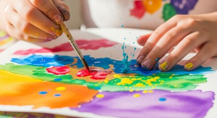 Naklejka premium Close-up of child's hands holding a paintbrush and painting with vibrant watercolors on paper with blue paint splash under bright natural light