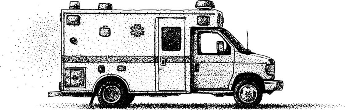Stippled black and white ambulance side view for emergency themed background and medical poster design