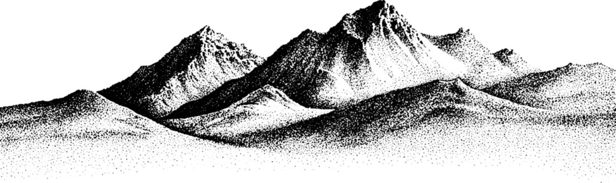 Wide stippled black and white mountain range landscape for surreal panoramic background and poster design
