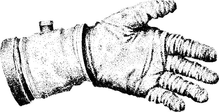 Stippled astronaut glove backhand view showing detailed creases and seams for space design elements and educational poster graphics
