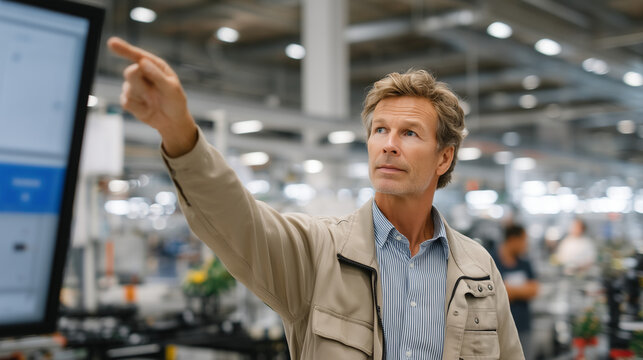 Production supervisor leads gemba walk pointing at visual management board, workers gathering to discuss bottleneck solutions, factory floor with equipment and workflow indicators visible, perfect f