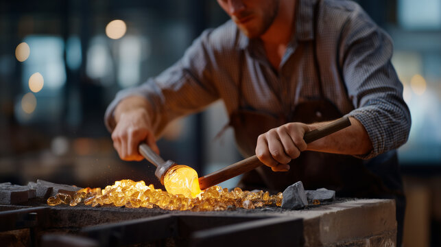 Glassblower shaping molten material with wooden paddle and breath, incandescent orange glow from furnace, traditional tools and techniques, modest hot shop with finished vessels cooling, ideal for a