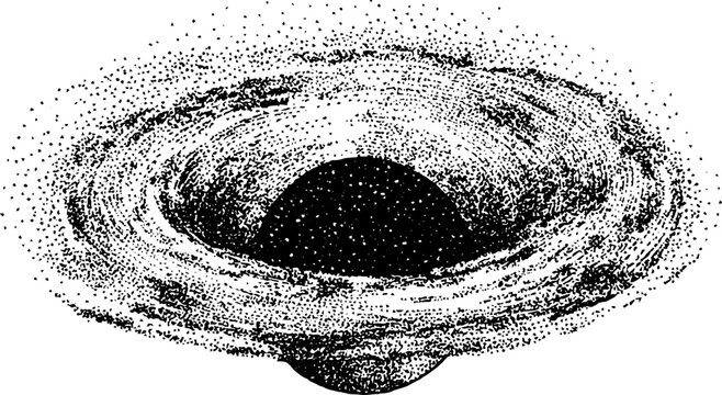 Black hole accretion disk swirl gravity stippled science illustration in black and white for poster and background design