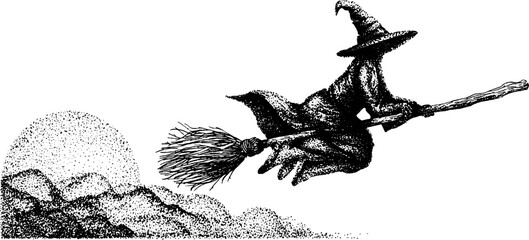 Fototapeta premium Silhouetted witch on broomstick flying across a moonlit sky for halloween banner and spooky background design
