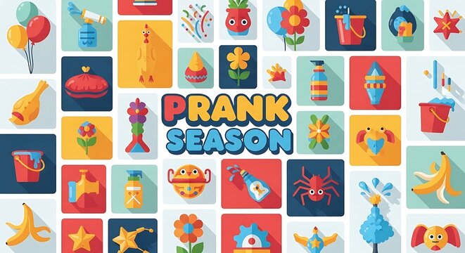 Collage of flat, whimsical symbols with the words "Prank Season"