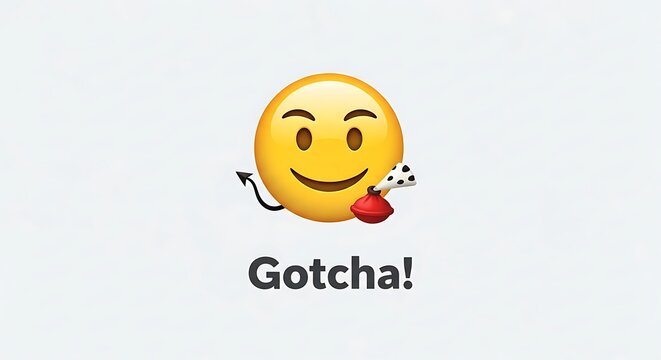 Clean, contemporary layout, centered text "Gotcha!" and a happy emoji with a joke symbol