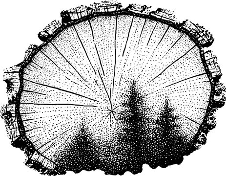 Wood cross section tree ring engraving black and white stippling texture for nature background and pattern design