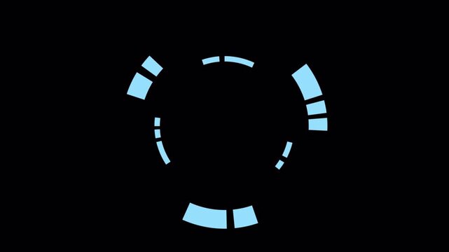 Futuristic HUD Segmented Circle Animation on Dark Background, Digital Interface Ring with Broken Parts, Sci Fi UI Element, Minimal Tech Overlay Loop for Video VFX Motion Graphics