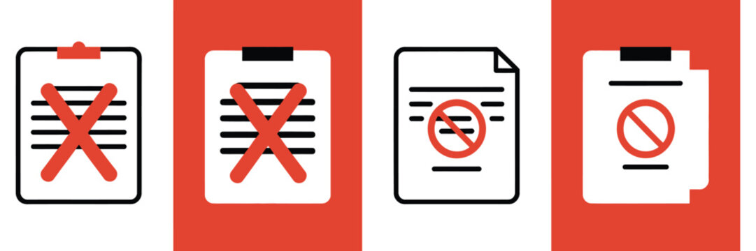 Blocked document symbol, file rejected icon, vector illustration of denied access concept, bold red cross mark over paper sheet, clean flat design, isolated on white background for apps and 