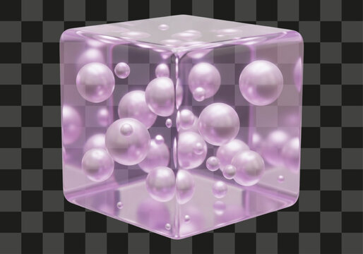 Polished three dimensional render featuring glossy pink spheres suspended within a translucent purple cube
