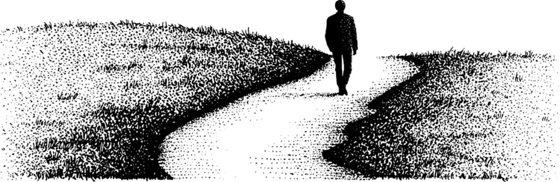 Stippled walking silhouette on a winding path in black and white landscape for contemplative background banner or poster design