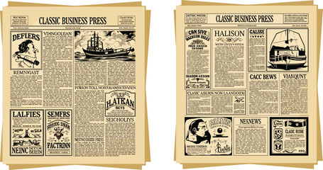 Naklejka premium Vintage Newspaper Front Page Icon Set Featuring Classic Headlines, Illustrations, and Historical News for Retro Design Projects