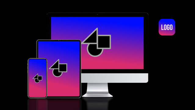 Responsive Devices Dark Mockup 3 &ndash; Desktop Laptop Tablet Smartphone Black Theme Presentation, Multi Screen Display for Website and App UI UX Showcase Template