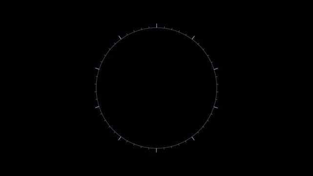 Futuristic HUD Scale Circle Animation with Radial Tick Marks on Dark Background, Minimal Digital Measurement Ring, Sci Fi Interface Element, Clean Tech Overlay Loop for Video VFX Motion Graphics