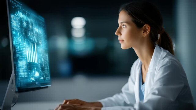 A young woman in a white lab coat works intently at a high tech workstation, studying data visualizations on a transparent display. The scene highlights progress in science and digital transformation