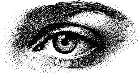 Fototapeta premium Closeup eye with precise eyeliner tip and black and white stippling for makeup design background and tattoo reference