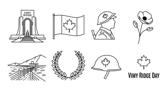 Line art depicting Vimy Ridge memorial Canadian flag and remembrance symbols