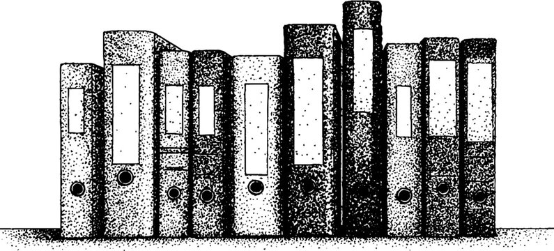 Black and white stippled row of archive binder folders on a shelf for organizational background and office design usage