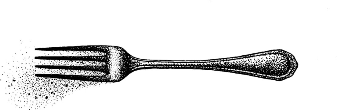Vintage stippled fork tines closeup black and white engraving style utensil illustration for kitchen background and packaging design