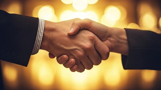 Professional business people shaking hands to finalize a deal in a blurred office background.