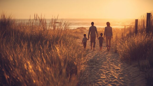 Family walking on beach at sunset with two young boys in summer