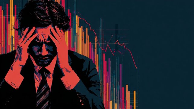 Stressed male businessman with declining stock graph in background