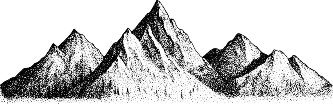 Stipple black and white mountain range dotwork engraving with peaks and ridges for background and poster design