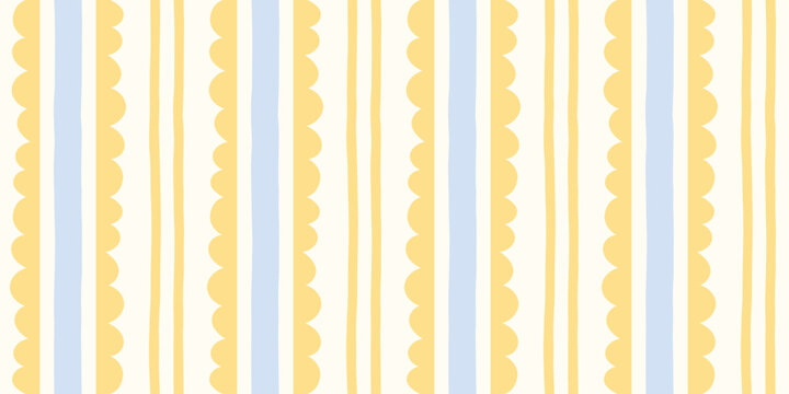 Cute playful stripes pattern with scalloped yellow waves and hand drawn blue lines. Organic Seamless decorative background for textile, wallpaper, scrapbooking, interior design, cover, wrapping paper