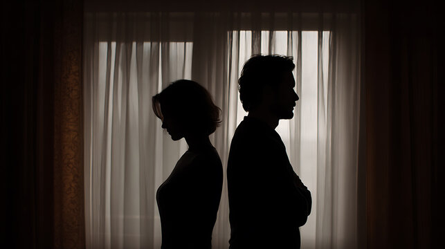 Silhouette of a Man and Woman Back-to-Back, Symbolizing Conflict, Separation, and Relationship Problems Amidst a Window
