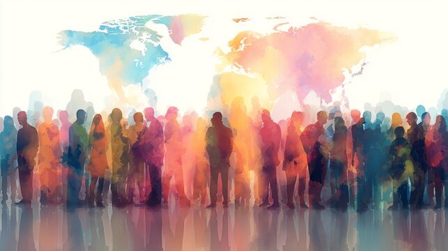 Diverse silhouettes against colorful world map background