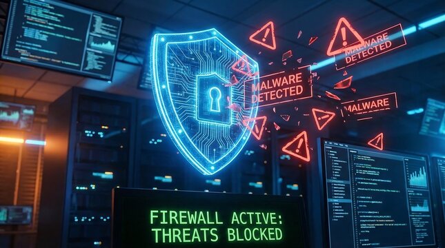 Cybersecurity Firewall Active: Network Protection from Malware Attack