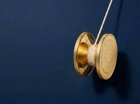 Gold coins yo-yo with rope on dark blue background financial concept