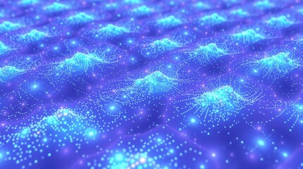 Fototapeta premium Abstract digital landscape. Glowing particles form undulating waves, purple background creates depth. Futuristic, vibrant visual effect.