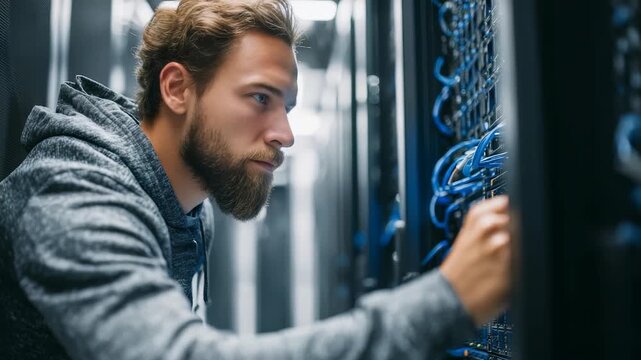 A concentrated male technician in a hoodie organizes blue network cables in a high tech server room. The image highlights advanced technology, cybersecurity, and data management concepts