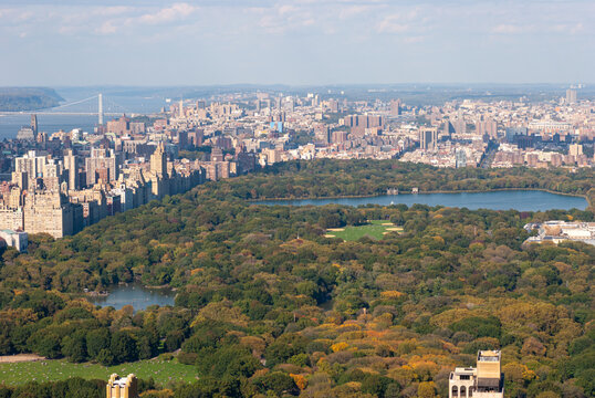 A view of Central Park and Uptown Manhattan, particularly the Upper West Side and the George Washington Bridge.