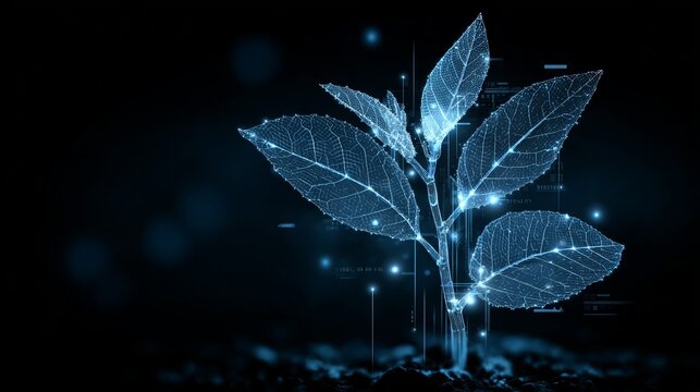 Digital blueprint of futuristic plant with glowing transparent leaves