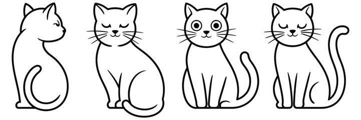 Obraz premium Adorable minimalist vector graphic design featuring four sitting cartoon cats, cute feline characters in simple flat style, clean line art, playful pet illustration, modern minimal composition, 