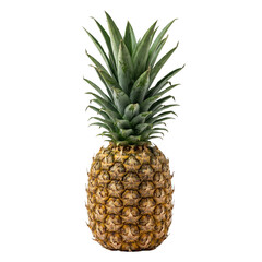 Fototapeta premium A ripe, juicy pineapple with a leafy green crown stands tall on a white background, showcasing its distinctive textured skin and tropical appeal