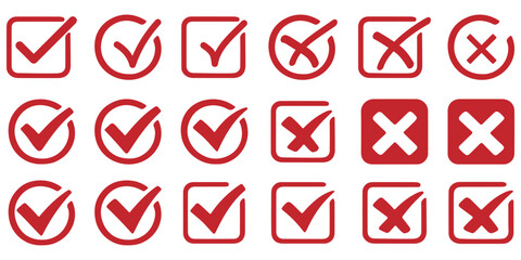 Check tick mark icon set. Cross box x check mark checkbox v list vector draw hand drawn sketch doodle brush marker checklist symbol wrong right circle. Vector Illustration. Red, Green, Black color EPS © Hikestudio3