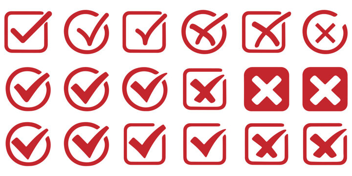 Check tick mark icon set. Cross box x check mark checkbox v list vector draw hand drawn sketch doodle brush marker checklist symbol wrong right circle. Vector Illustration. Red, Green, Black color EPS