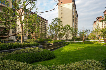 Fototapeta premium Residential garden park with green lawn and modern tiered design - Community peace concept