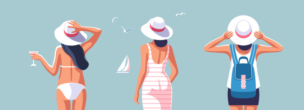 Vector illustrations of women on the theme of summer adventures, travel, beach fun and relaxation.