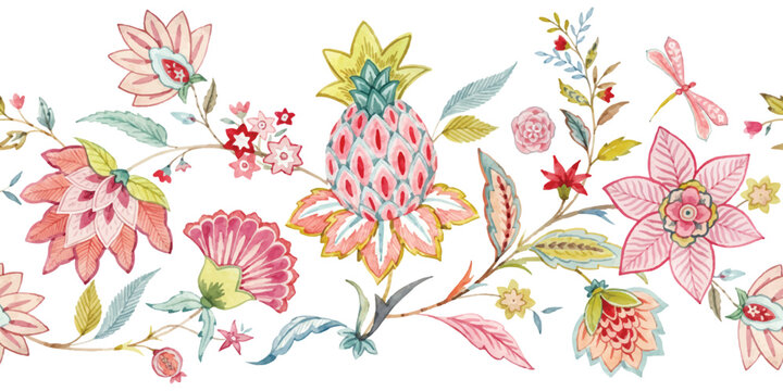 Watercolor seamless border pattern featuring decorative pineapples and vintage floral elements Vector, illustration