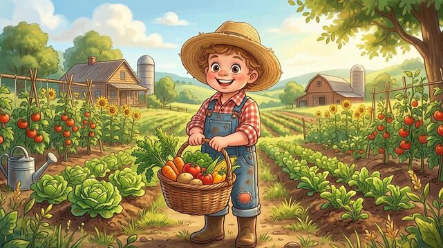 Happy Child Picking Fresh Vegetables in Garden on Sunny Day.