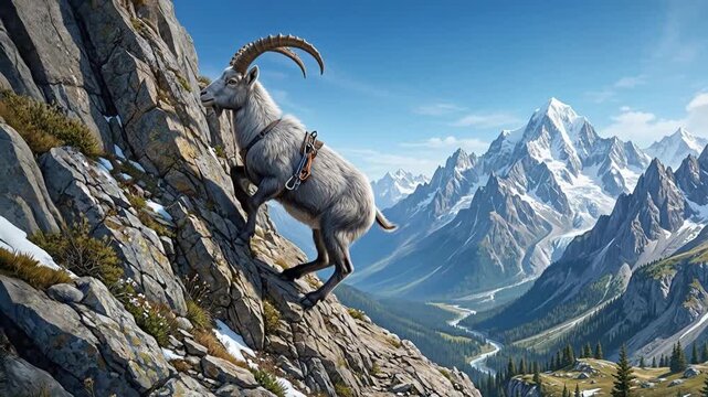 Mountain Goat Climbing Steep Rocky Slope in Majestic Mountain Range.
