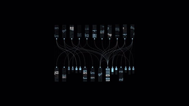Futuristic data pipeline diagram with connected nodes and digital network routing, sci fi technology background, AI processing system architecture, cyber data flow visualization